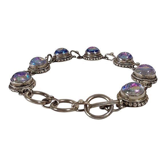 Artisan 7" Toggle Bracelet Dichroic Glass 925 Sterling Silver Purple Iridescent - Picture 4 of 8